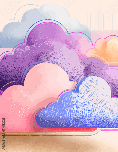 Sanfte Illustration von farbenfrohen Wolken mit einer einzigartigen digitalen Körnung, die eine ruhige und fantasievolle Szene darstellt.