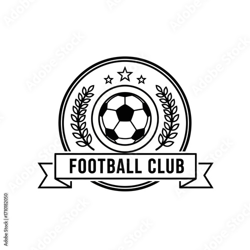 Classic black and white line art football club logo featuring a soccer ball, laurel wreath, and stars, ideal for sports team branding, league emblems, or championship event graphics