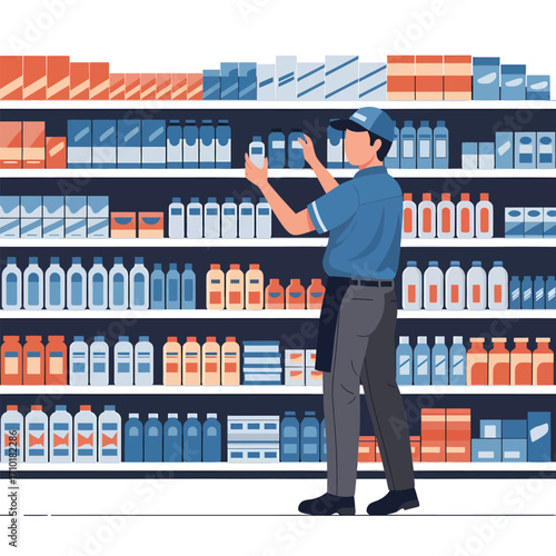Store employee arranging products on shelves in a supermarket.
