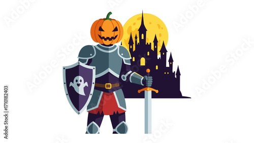 Spooky Knight: An illustrated pumpkin-headed knight stands confidently, brandishing a sword before a shadowed castle under a full moon, evoking an eerie Halloween atmosphere.