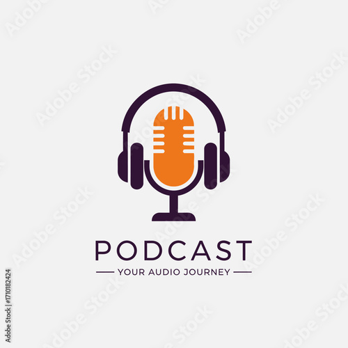 Modern and simple podcast logo concept with a microphone and headset symbol. Clean vector graphic sign for audio streaming, broadcasting, and online shows