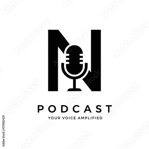 Creative initial N podcast logo design with a microphone icon. A simple black vector sign or emblem for an audio studio or media company