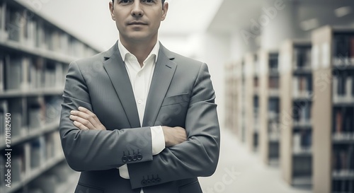 Businessman in Library Setting, Serious Posture.
