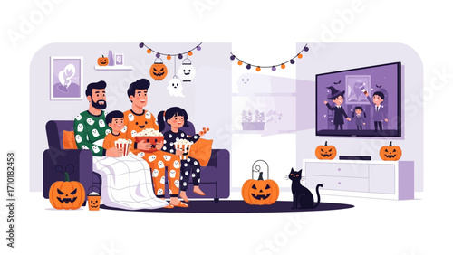 Halloween Family Movie Night: A family dressed in cozy pajamas gathers for a Halloween movie night, complete with popcorn, pumpkin decorations, and a spooky atmosphere.