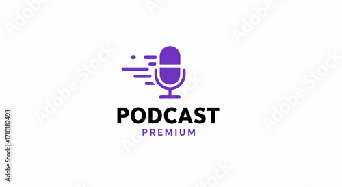 Sleek vector logo featuring a modern microphone with dynamic speed lines, symbolizing premium quality audio content and fast-paced digital broadcasting for online media platforms