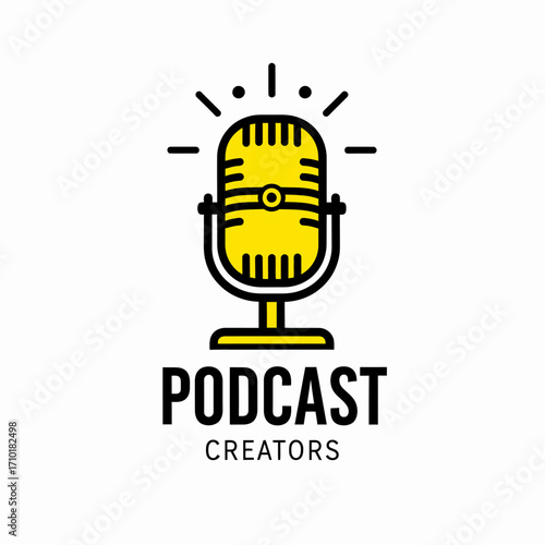 Retro microphone vector logo illustration for podcasting. Bright yellow icon symbol for audio recording, radio broadcast, or web show emblem