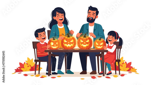 Pumpkin Carving Joy: A happy family gathers to carve pumpkins together, a celebration of autumn's charm and the joy of Halloween.