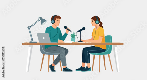 Man and woman recording a podcast audio show at a table with a laptop. Team of hosts working on a broadcast in a studio vector illustration
