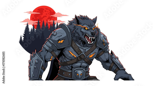 The Crimson Werewolf: A fearsome illustration of a fierce werewolf with sharp claws and menacing eyes, standing defiantly before a ominous crimson moon.