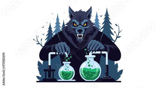 Mysterious Experiment: An imposing werewolf, immersed in a clandestine laboratory experiment, meticulously pours a bubbling potion with an air of dark curiosity.