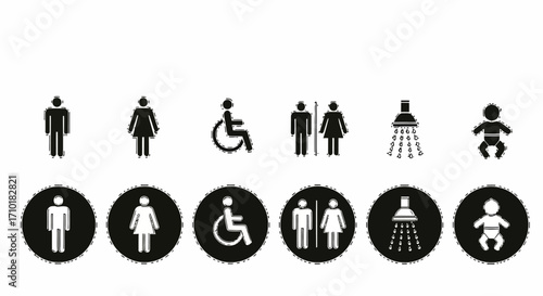 Set of universal restroom, accessibility, and shower icons in black and white for signage