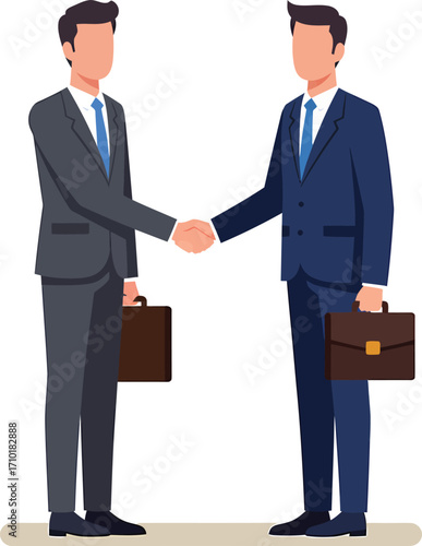Two businessmen in suits shaking hands with briefcases.