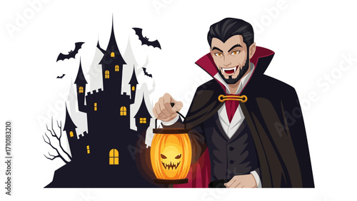 Spooky Invitation: A vampire with a menacing allure, clutching a glowing jack-o'-lantern, stands before a haunted castle, inviting you to embrace the mystique and thrill of Halloween. 