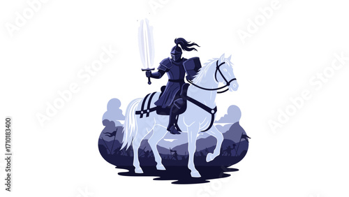 Knight on a Steed: A noble knight, clad in shining armor, sits majestically upon a white steed, sword raised in a dynamic display of chivalry and valor.