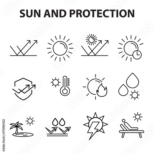 Sun And Protection icon set. Contains icons sunscreen, sunburn, sun hat and more. editable stroke. vector illustration.eps