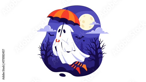 Whimsical Halloween Ghost with Umbrella: A charming ghost floats gracefully, holding an umbrella beneath a luminous full moon, invoking the playful spirit of Halloween. 