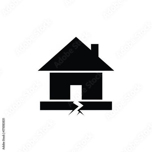 Vector icon illustrating a house with a cracked foundation due to an earthquake, symbolizing property damage, seismic risk, and natural disasters