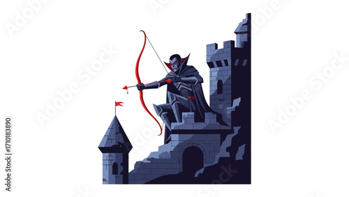 Archer on Fortress: An archer, poised with a bow and arrow on a fortress, embodies strategy, action, and vigilant protection against an unseen foe.