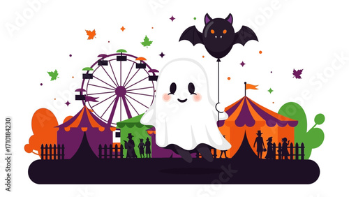 Ghost at Carnival: In a vibrant scene, a friendly ghost floats happily against a backdrop of a lively carnival, featuring colorful tents, a Ferris wheel, and a playful bat balloon.