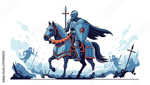 The Valiant Knight: A heroic knight clad in gleaming armor, astride a magnificent warhorse, poised amidst the chaos of battle, embodying courage and chivalry.