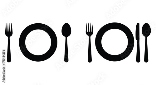 Simple black and white illustration of cutlery and plates for dining