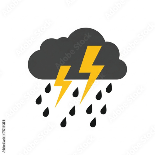 Storm cloud with lightning bolts and rain drops symbolizing extreme weather conditions and electrical storm phenomenon