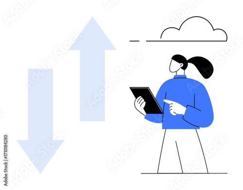Woman holding a tablet, pointing to analyze data trends with upward and downward arrows. Cloud element for digital concept. Ideal for analytics, technology, growth, finance, productivity, business