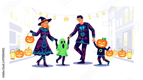 Halloween Family Fun: An illustrated scene of a family enjoying Halloween, filled with festive costumes and joyful spirit, embodies the essence of seasonal fun.