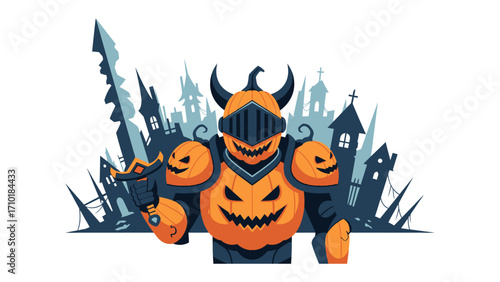 The Halloween Guardian: A majestic pumpkin knight, radiating an aura of festive spirit, stands sentinel against a spooky town backdrop.