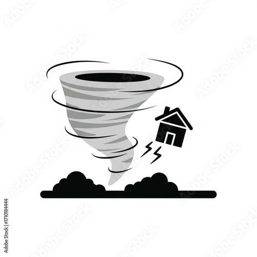 Tornado icon representing a powerful storm vortex destroying a house, a symbol of a natural disaster and extreme weather emergency
