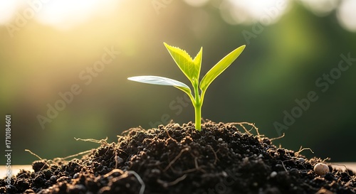 Young Plant Growing in Soil Under Sunlight.