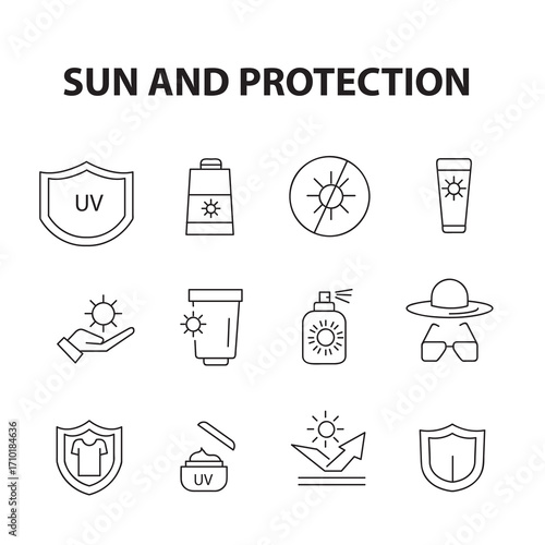 Sun And Protection icon set. Contains icons sunscreen, ultraviolet, sunglasses, SPF protection, sun hat and more. editable stroke. vector illustration.eps