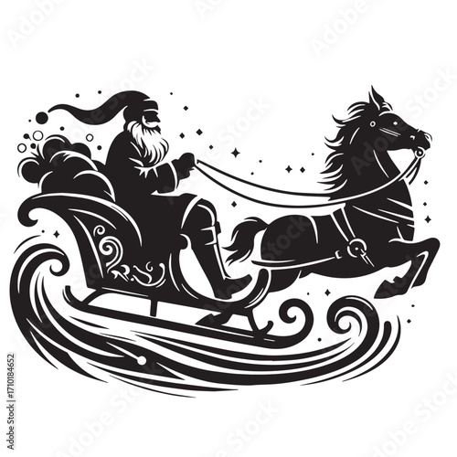 Black Santa Riding Sleigh Silhouette Vector Illustration design, Solid White Background