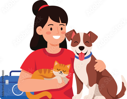 A smiling woman embraces a dog and holds a cat, with a blue pet carrier visible in the background, depicting companionship and pet care.