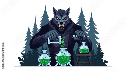Mysterious Werewolf Potion: A fierce werewolf masterfully concocting a bubbling, emerald potion within a shadowed forest. Capturing the essence of the magical, the monstrous.
