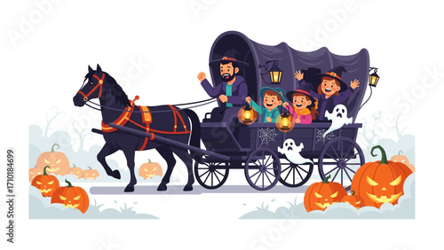 Halloween Carriage Ride: A spooky illustration showcases a horse-drawn carriage filled with costumed children, a grinning ghost, and carved pumpkins against a darkened backdrop, perfect for Halloween.