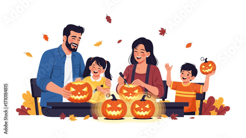 Family Carving Pumpkins for Halloween: A joyful family comes together to carve pumpkins for Halloween, filled with laughter and creativity, embodying the spirit of seasonal fun.