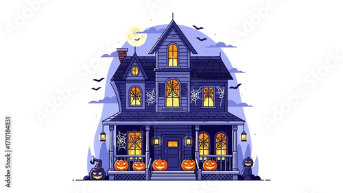 Spooky Halloween House: A chilling illustration of a haunted house on a spooky night, perfect for evoking the eerie spirit of Halloween.