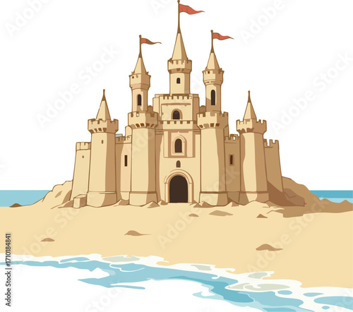 Intricate Sand Castle Vector with Red Flags on Sunny Beach – Summer Vacation Cartoon Illustration for Kids & Creative Projects