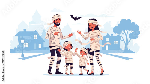 Spooky Family in Halloween Costume: A family, all dressed as mummies, joyfully embrace the spirit of Halloween, in a beautifully illustrated street scene, showcasing the fun of holiday celebrations.