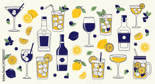 Illustration of various drinks, bottles, lemons, and blueberries.