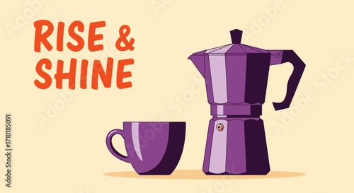 A graphic design featuring a purple coffee maker and mug, with the words "RISE & SHINE" in a bold font.