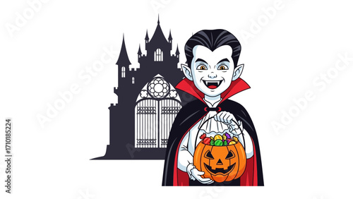 Trick or Treat: A spooky illustration for halloween with a vampire holding a pumpkin. A dark background with castle silhouette create a ominous atmosphere.