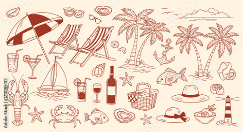 A charming collection of hand-drawn illustrations depicting a quintessential beach vacation scene with palm trees, deck chairs, a sailboat, and various seaside elements.