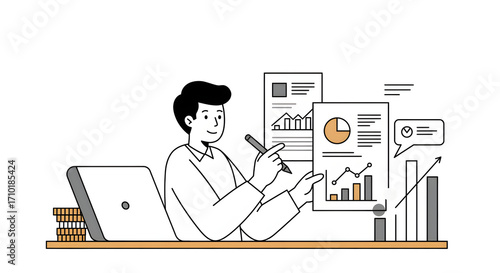 A man sitting at a desk with a laptop and a pen for business presentation, website design, technology blog, or digital marketing