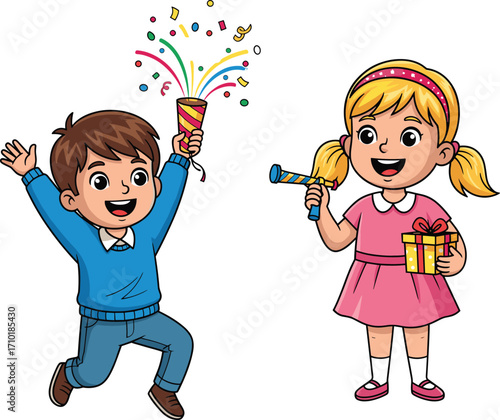 Cute cartoon boy and girl celebrating together, happy children with party popper and gift box, fun kids illustration, playful childhood vector art