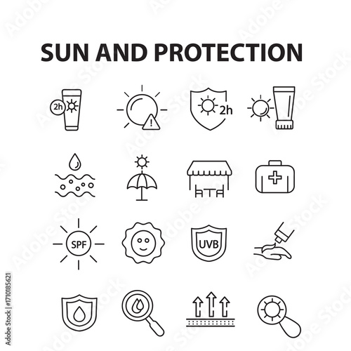 Sun And Protection icon set.  ultraviolet, sunglasses, SPF protection, sun hat and more. editable stroke. vector illustration.eps