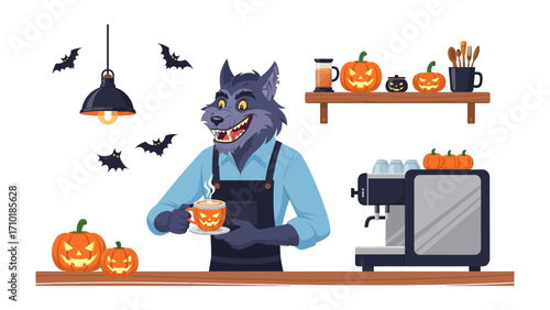 Halloween Barista: A whimsical illustration presents a wolf barista, skillfully crafting a Halloween-themed latte, surrounded by jack-o'-lanterns and spooky decorations.