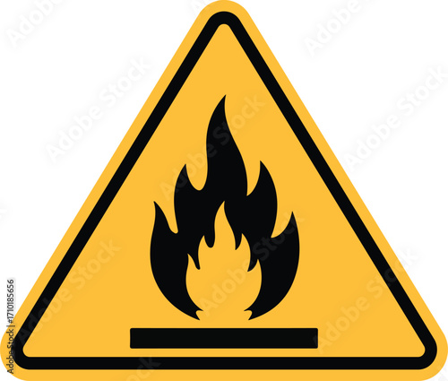 A yellow triangular warning sign with a black border, featuring a pictogram of a flame, indicating a fire hazard or flammable material.