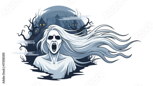 Spooky Ghost with Haunted Houses: A spooky ghost with long, flowing hair floats in front of a haunted house scene with a full moon, creating a chilling and mysterious Halloween illustration.